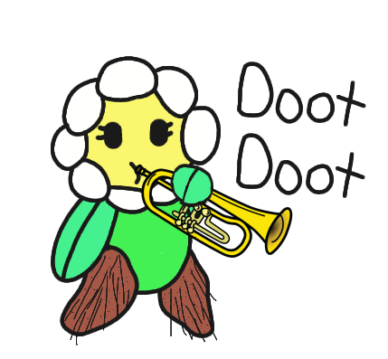 An image of an anthopomorphic oxeye daisy, the daisy is playing a trumpet, with the onomatopoeia doot doot accompanying them